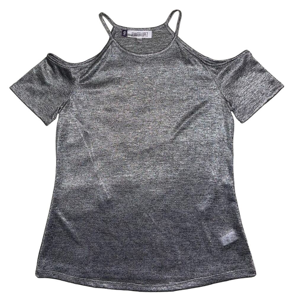 Jennifer Lopez Womens Top Size Extra Small XS Silver Metallic Cold Shoulder